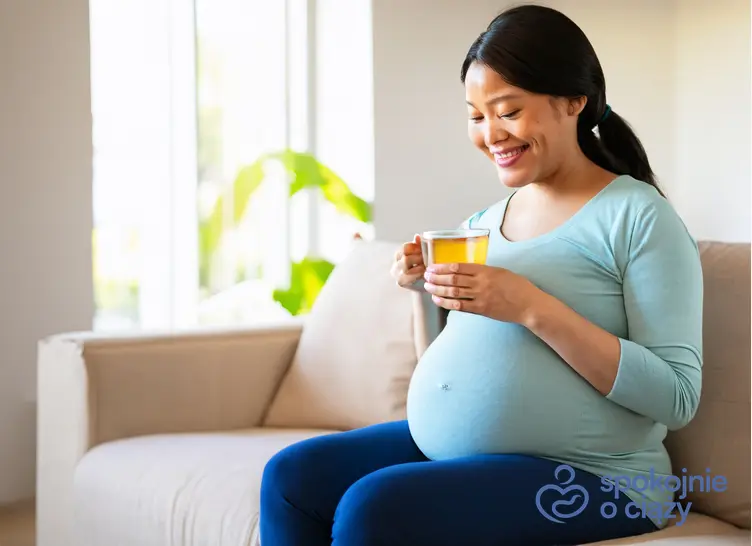 Kobieta w zaawansowanej ciąży na sofie z filiżanką, a także rumianek w ciąży krok po kroku