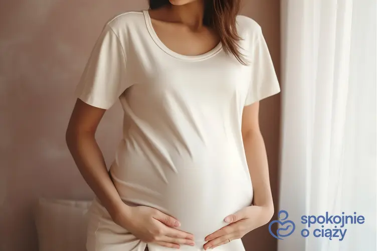 Kobieta w zaawansowanej ciąży trzymająca się za brzuch, a także stosowanie Espumisanu w ciąży